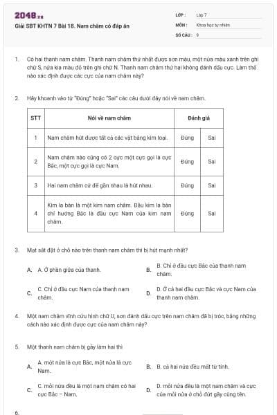 Giải SBT KHTN 7 Bài 18. Nam châm có đáp án