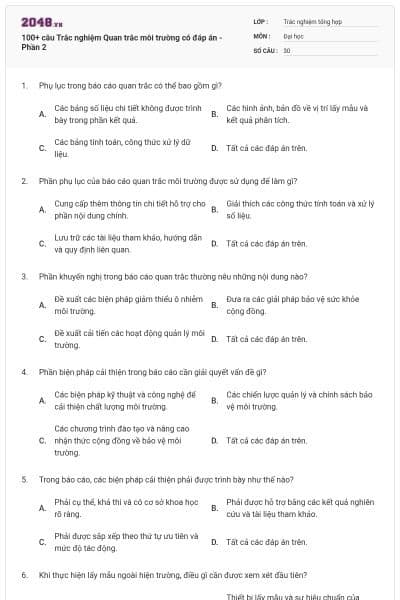 100+ câu Trắc nghiệm Quan trắc môi trường có đáp án - Phần 2