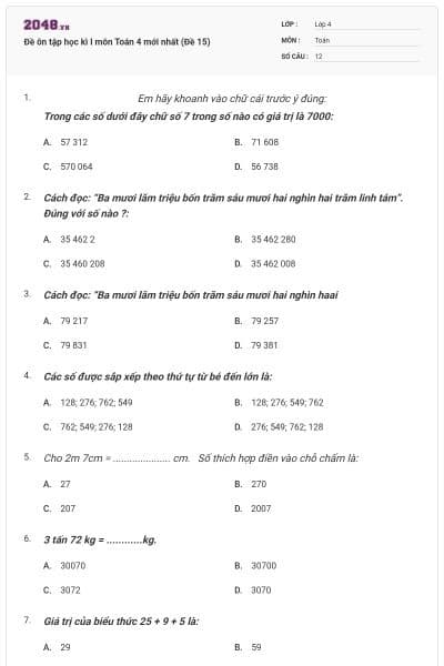 Đề ôn tập học kì I môn Toán 4 mới nhất (Đề 15)