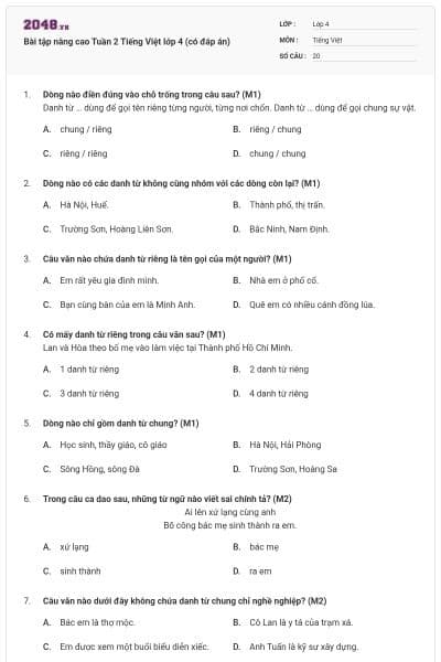 Bài tập nâng cao Tuần 2 Tiếng Việt lớp 4 (có đáp án)