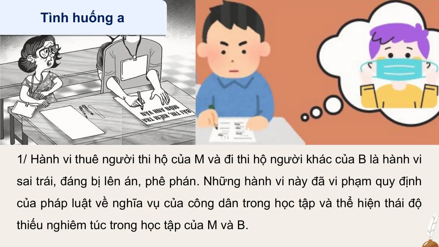 Tình huống a

1/ Hành vi thuê người thi hộ của M và đi thi hộ người khác của B là hành vi
sai trái, đáng bị lên án, phê phán. Những hành vi này đã vi phạm quy định
của pháp luật về nghĩa vụ của công dân trong học tập và thể hiện thái độ
thiếu nghiêm túc trong học tập của M và B.