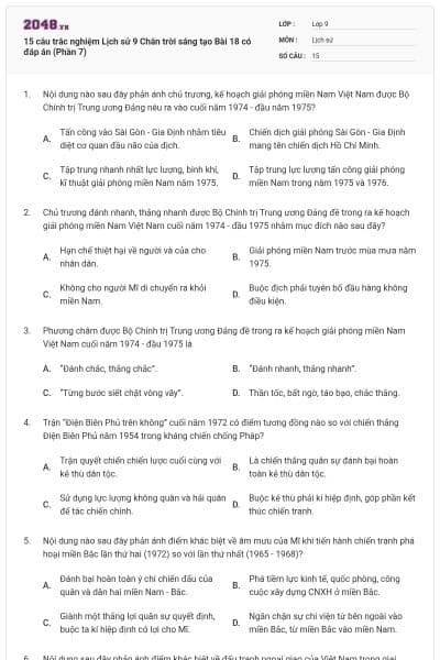 15 câu trắc nghiệm Lịch sử 9 Chân trời sáng tạo Bài 18 có đáp án (Phần 7)