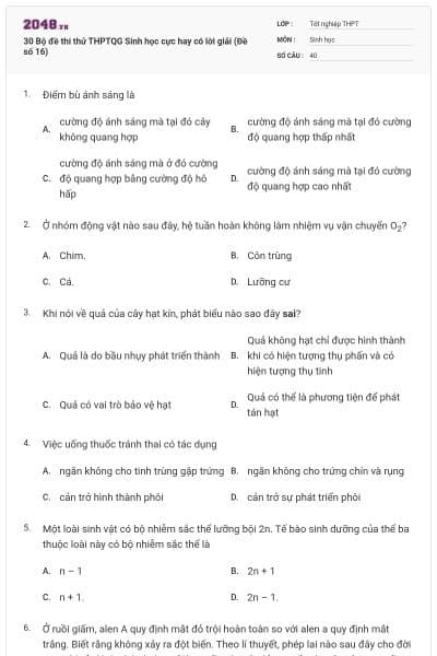 30 Bộ đề thi thử THPTQG Sinh học cực hay có lời giải (Đề số 16)