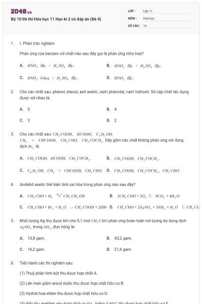 Bộ 10 Đề thi Hóa học 11 Học kì 2 có đáp án (Đề 4)