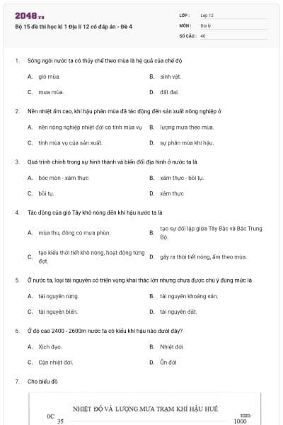 Bộ 15 đề thi học kì 1 Địa lí 12 có đáp án - Đề 4