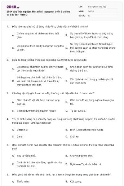 200+ câu Trắc nghiệm Một số rối loạn phát triển ở trẻ em có đáp án - Phần 3