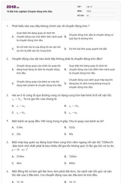 16 Bài trắc nghiệm Chuyển động tròn đều