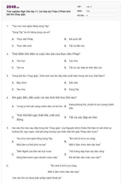 Trắc nghiệm Ngữ Văn lớp 11: (có đáp án) Tuần 5 Phân tích bài thơ Chạy giặc