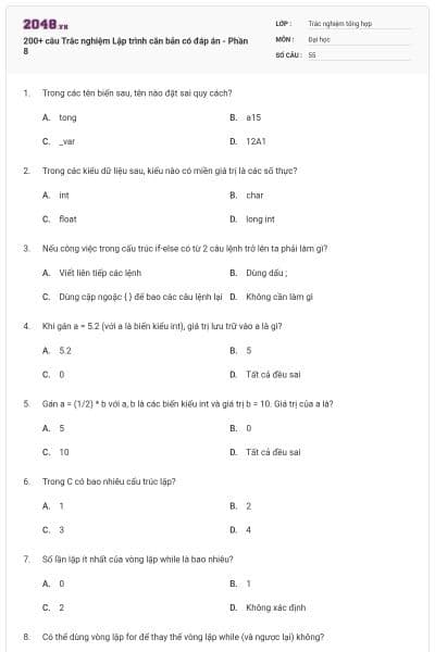 200+ câu Trắc nghiệm Lập trình căn bản có đáp án - Phần 8