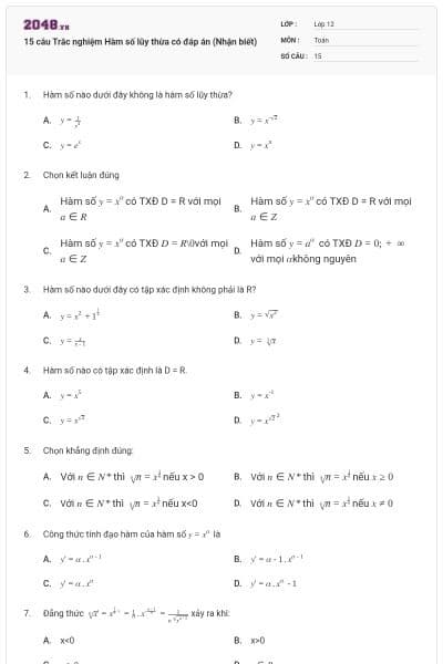 15 câu  Trắc nghiệm Hàm số lũy thừa có đáp án (Nhận biết)