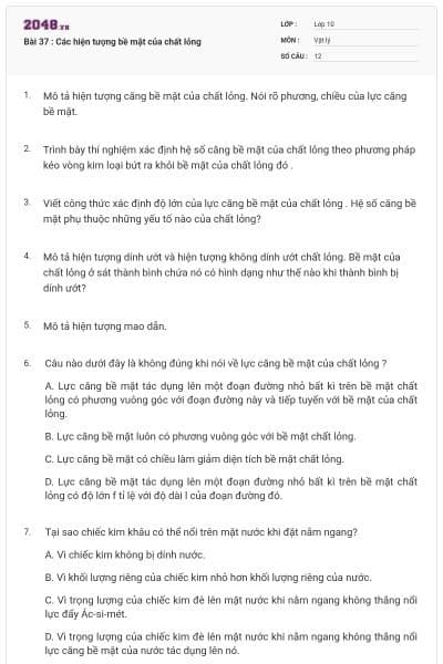 Bài 37 : Các hiện tượng bề mặt của chất lỏng