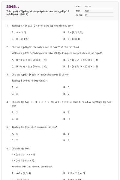 Trắc nghiệm Tập hợp và các phép toán trên tập hợp lớp 10 (có đáp án - phần 2)