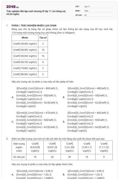 Trắc nghiệm Bài tập cuối chương III lớp 11 (có đúng sai, trả lời ngắn)