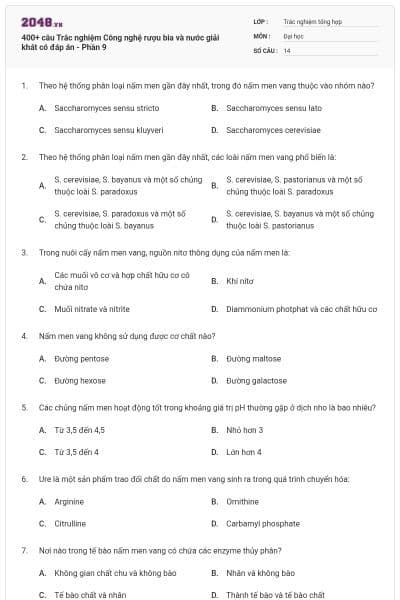 400+ câu Trắc nghiệm Công nghệ rượu bia và nước giải khát có đáp án - Phần 9