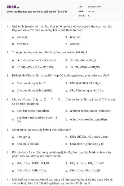 Đề thi thử Hóa học cực hay có lời giải chi tiết (đề số 8)