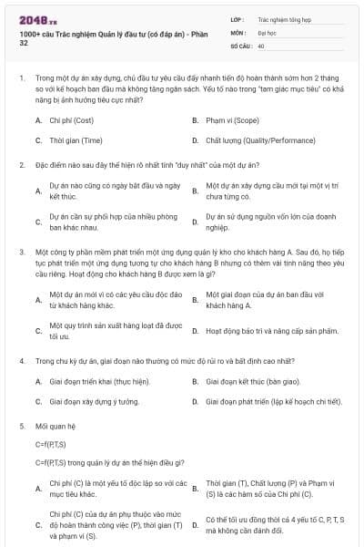 1000+ câu Trắc nghiệm Quản lý đầu tư (có đáp án) - Phần 32