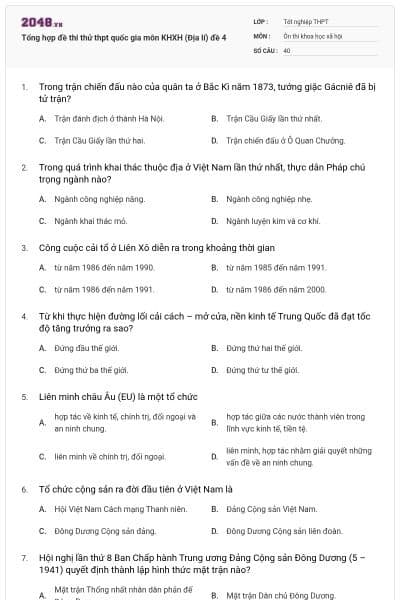 Tổng hợp đề thi thử thpt quốc gia môn KHXH (Địa lí) đề 4