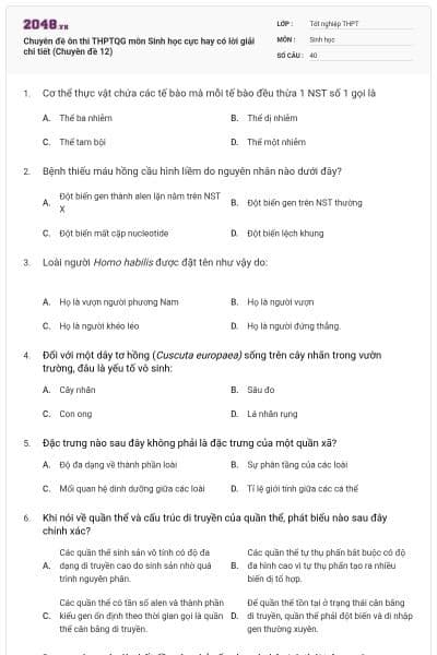 Chuyên đề ôn thi THPTQG môn Sinh học cực hay có lời giải chi tiết (Chuyên đề 12)