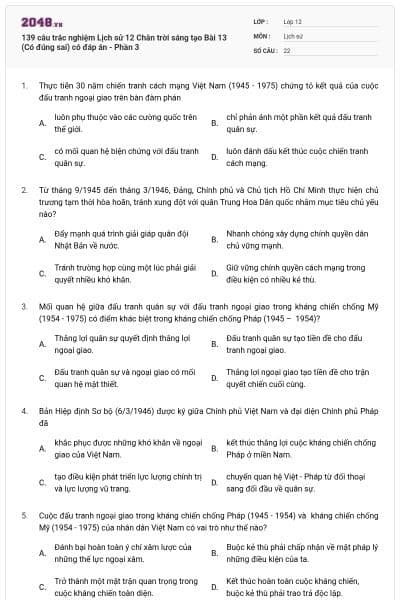 139 câu trắc nghiệm Lịch sử 12 Chân trời sáng tạo Bài 13 (Có đúng sai) có đáp án - Phần 3