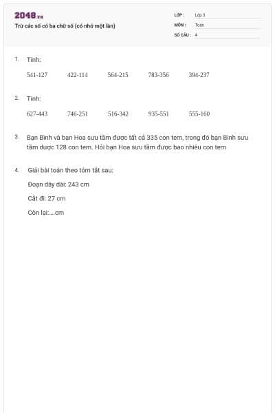 Trừ các số có ba chữ số (có nhớ một lần)