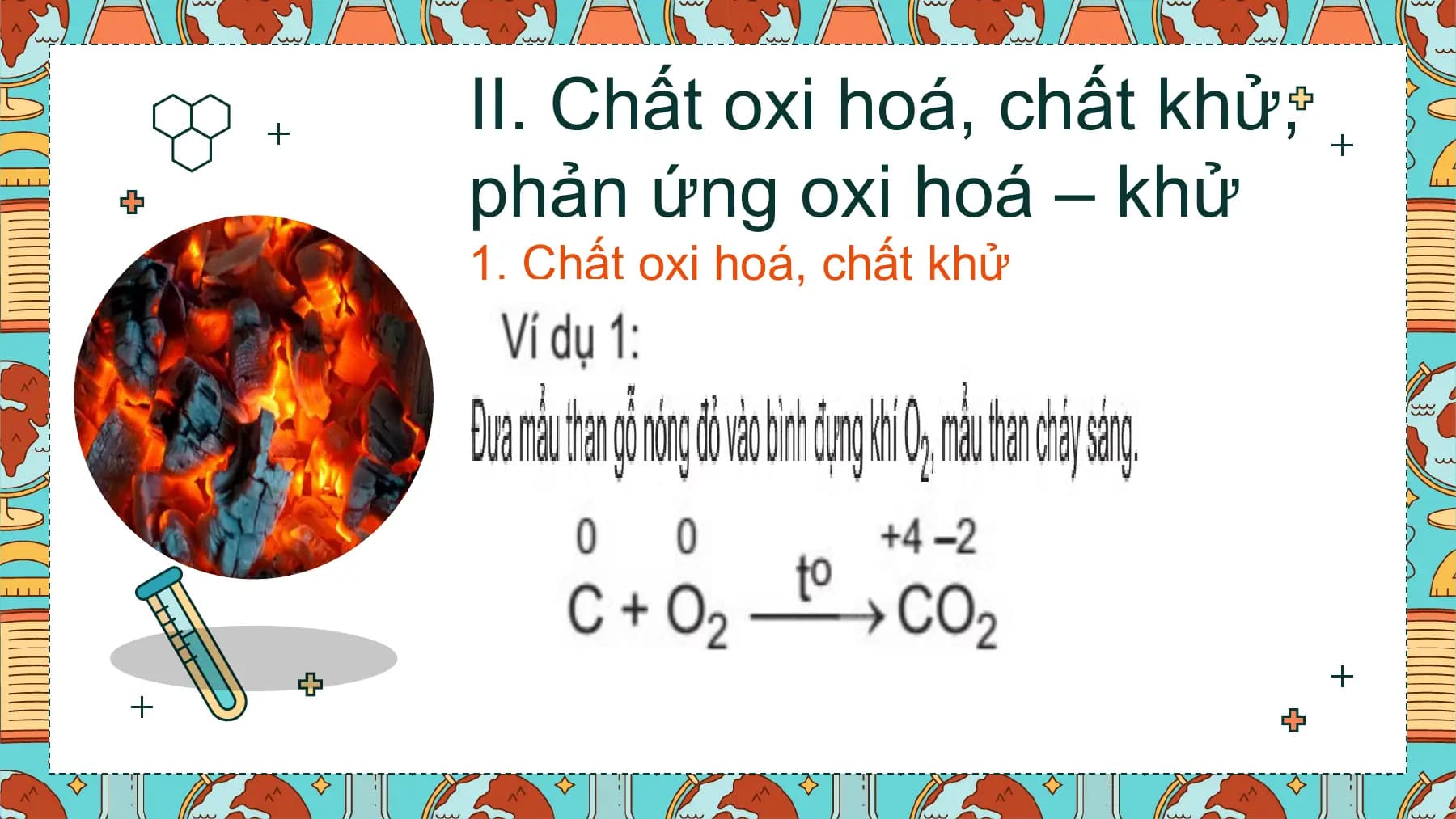II. Chất oxi hoá, chất khử,
phản ứng oxi hoá – khử
1. Chất oxi hoá, chất khử