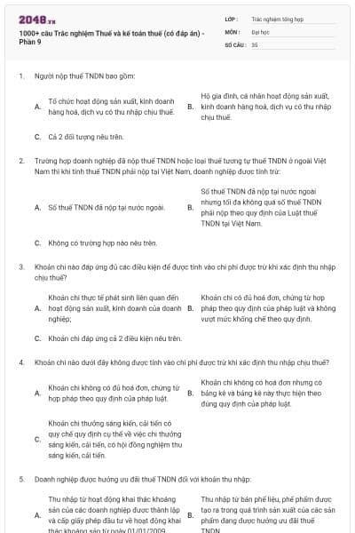 1000+ câu Trắc nghiệm Thuế và kế toán thuế (có đáp án) - Phần 9