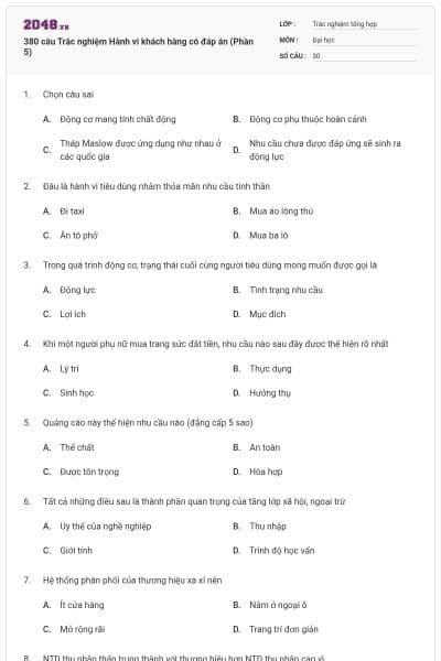 380 câu Trắc nghiệm Hành vi khách hàng có đáp án (Phần 5)