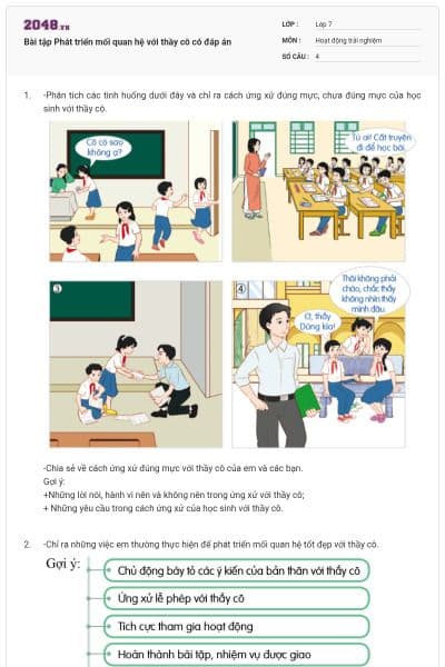 Bài tập Phát triển mối quan hệ với thầy cô có đáp án