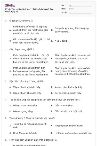 27 câu Trắc nghệm Sinh học 11 Bài 26 (có đáp án): Cảm ứng ở động vật