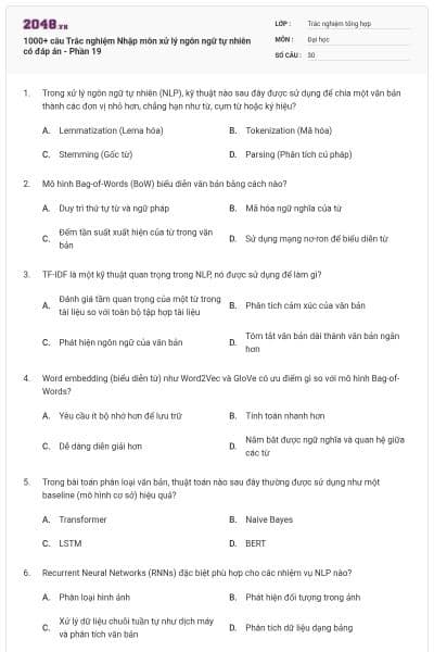 1000+ câu Trắc nghiệm Nhập môn xử lý ngôn ngữ tự nhiên có đáp án - Phần 19