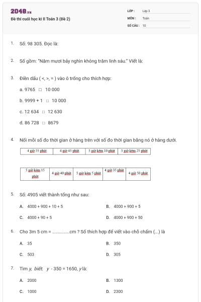 Đề thi cuối học kì II Toán 3  (Đề 2)
