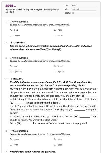Bộ 5 đề thi cuối kì 1 Tiếng Anh 7 English Discovery có đáp án - Đề 4