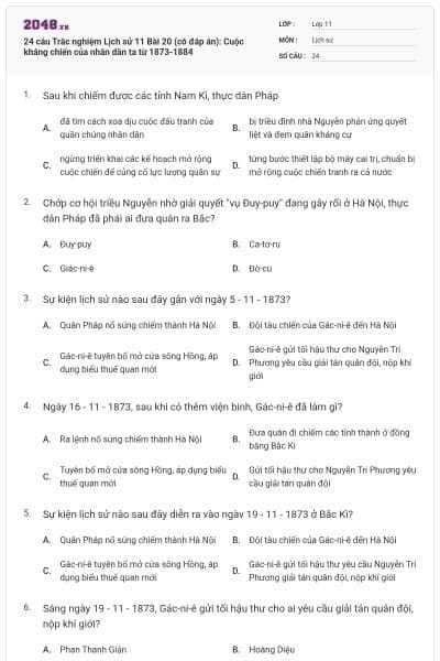 24 câu Trắc nghiệm Lịch sử 11 Bài 20 (có đáp án): Cuộc kháng chiến của nhân dân ta từ 1873-1884
