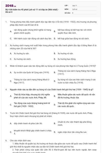 Bộ 4 Đề kiểm tra 45 phút Lịch sử 11 có đáp án (Mới nhất) - Đề số 4