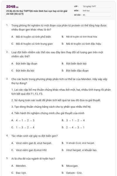 25 Bộ đề thi thử THPTQG môn Sinh hoc cực hay có lời giải chi tiết (Đề số 9)