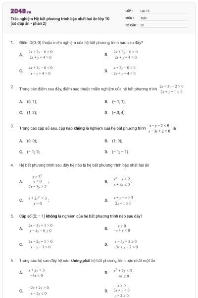 Trắc nghiệm Hệ bất phương trình bậc nhất hai ẩn lớp 10 (có đáp án - phần 2)