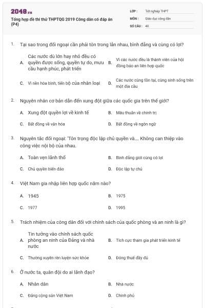 Tổng hợp đề thi thử THPTQG 2019 Công dân có đáp án (P4)