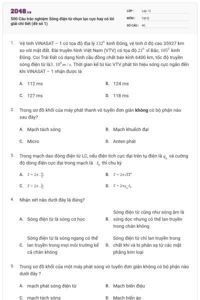 500 Câu trắc nghiệm Sóng điện từ chọn lọc cực hay có lời giải chi tiết (đề số 1)