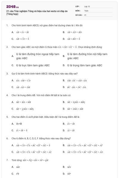 21 câu Trắc nghiệm Tổng và hiệu của hai vectơ có đáp án (Tổng hợp)