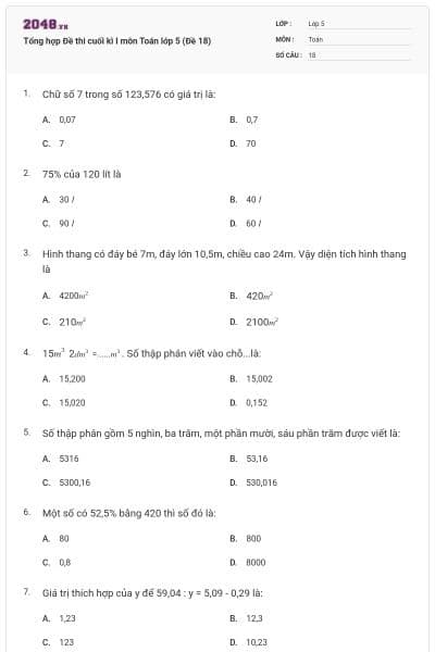 Tổng hợp Đề thi cuối kì I môn Toán lớp 5 (Đề 18)