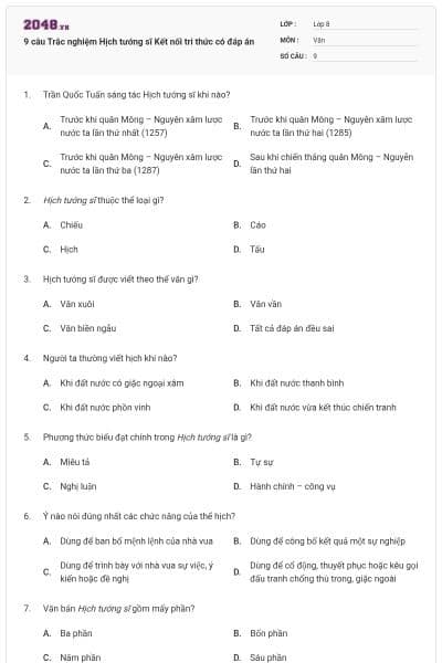 9 câu Trắc nghiệm Hịch tướng sĩ Kết nối tri thức có đáp án
