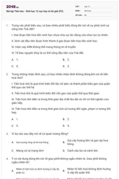 Bài tập Tiến hóa - Sinh học 12 cực hay có lời giải (P2)