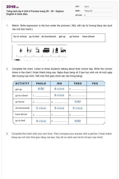 Tiếng Anh lớp 6 Unit 6 Preview trang 58 - 59 - Explore English 6 Cánh diều