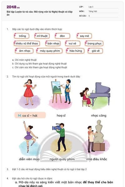 Bài tập Luyện từ và câu: Mở rộng vốn từ Nghệ thuật có đáp án