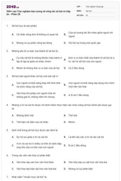 500+ câu Trắc nghiệm Đại cương về công tác xã hội có đáp án - Phần 28