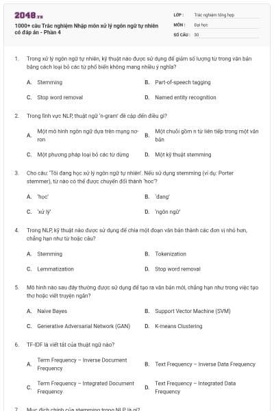 1000+ câu Trắc nghiệm Nhập môn xử lý ngôn ngữ tự nhiên có đáp án - Phần 4