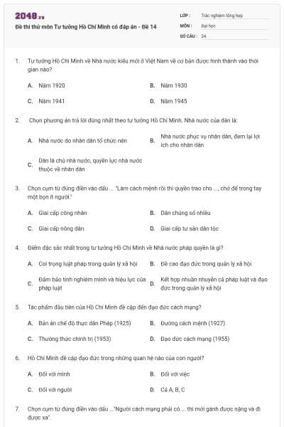 Đề thi thử môn Tư tưởng Hồ Chí Minh có đáp án - Đề 14