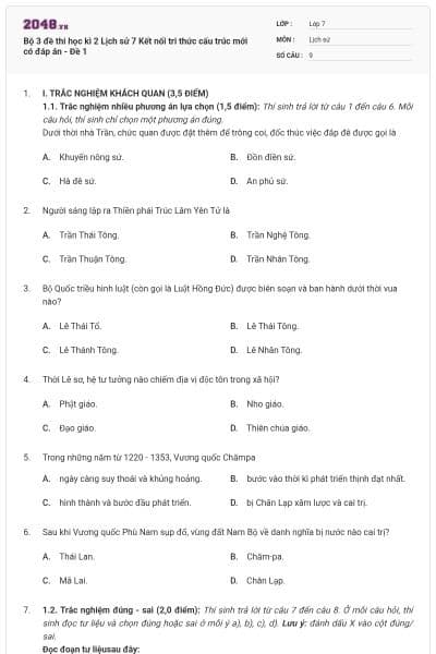 Bộ 3 đề thi học kì 2 Lịch sử 7 Kết nối tri thức cấu trúc mới có đáp án - Đề 1