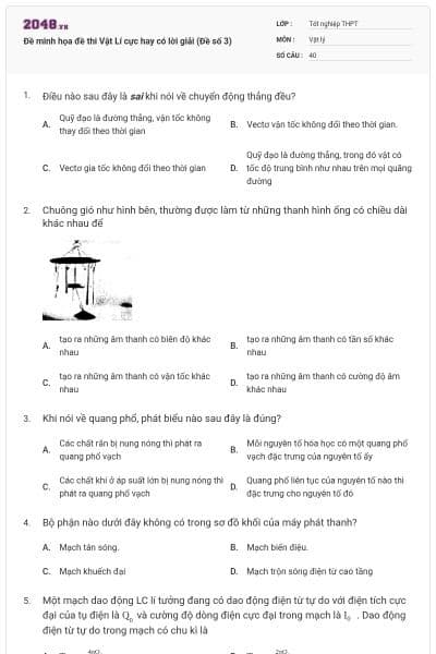 Đề minh họa đề thi Vật Lí cực hay có lời giải (Đề số 3)