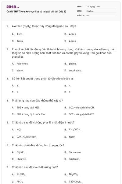 Ôn thi THPT Hóa Học cực hay có lời giải chi tiết ( đề 1)